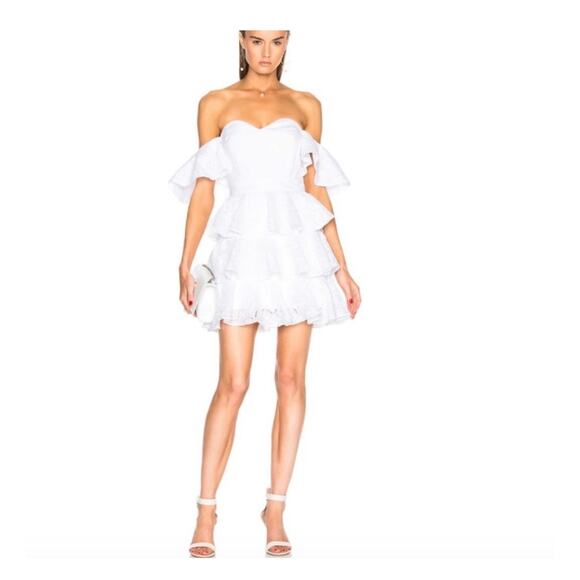 Caroline Constas Irene Ruffle Tiered Off Shoulder White Eyelet Mini Dress Size 4 - Picture 2 of 15